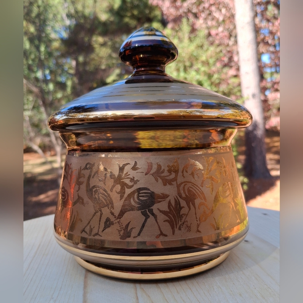Vintage MCM Czech Bohemian Dark Amber Glass & Gold Cranes Covered Candy Dish - Picture 3 of 14